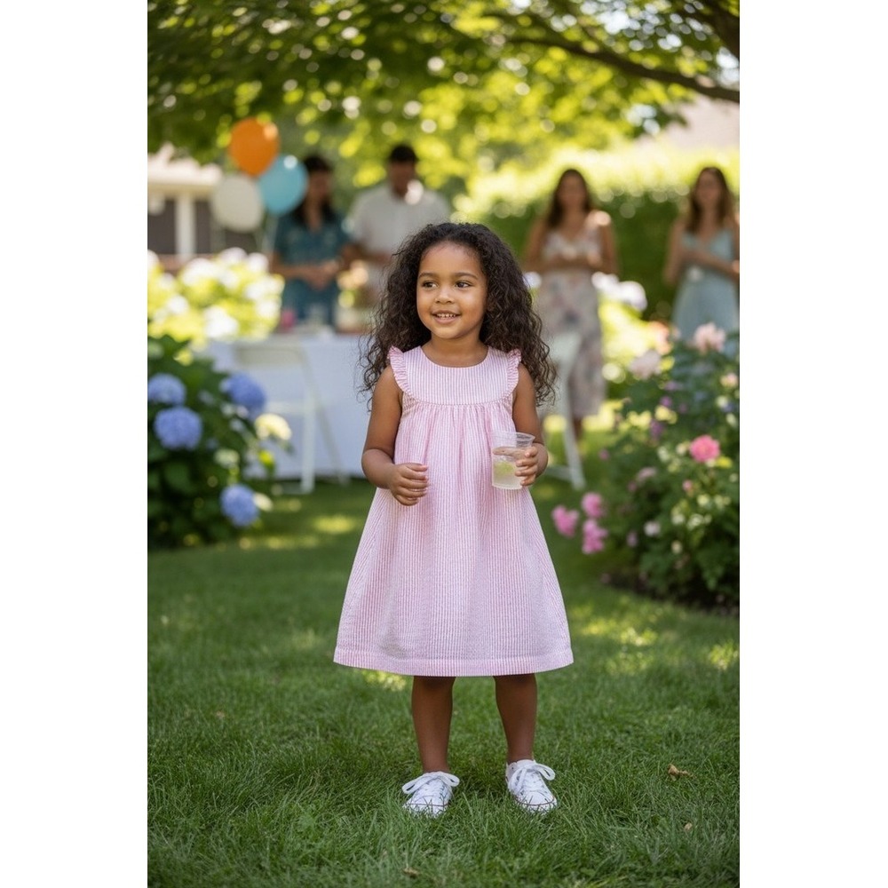 Kelly's Kids Girls Pink White Seersucker Striped Ruffle Dress Size 14